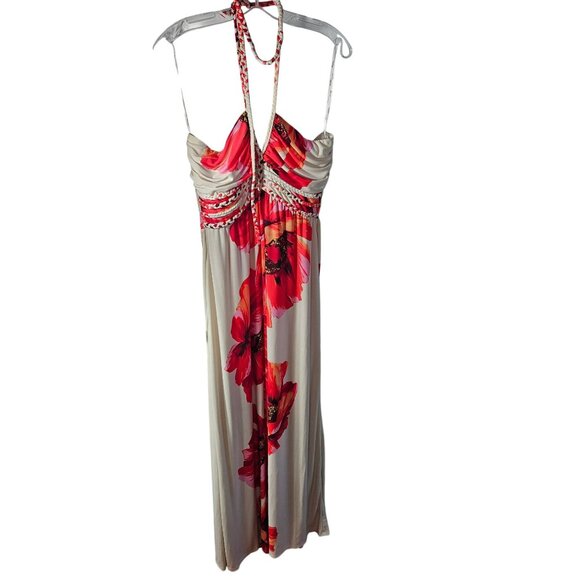 Floral Halter Maxi Dress With Red Poppy Print By Snap Size L Polyester Blend Wom - Picture 1 of 5